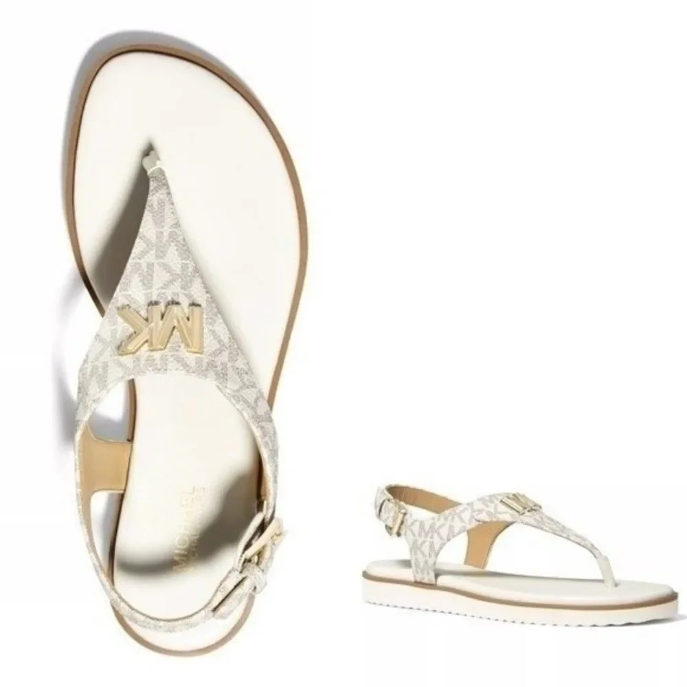 New! MICHAEL KORS Women's MK Logo Jilly T-Strap Sandals Shoes Open-Toe Vanilla 7